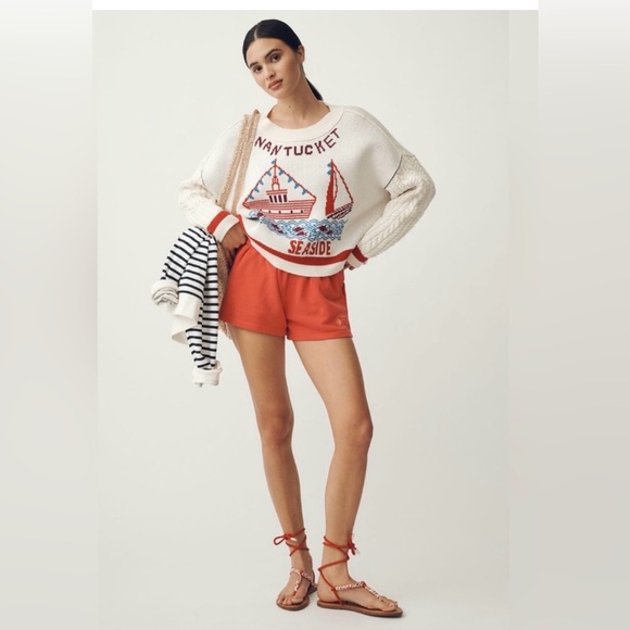 Anthropologie Maeve Nantucket Graphic Cable Knit Sweater - Cream & Red Sz L NWT - Picture 2 of 9